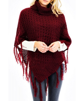 Turtleneck V Shaped Fringe Poncho WSF215 RED